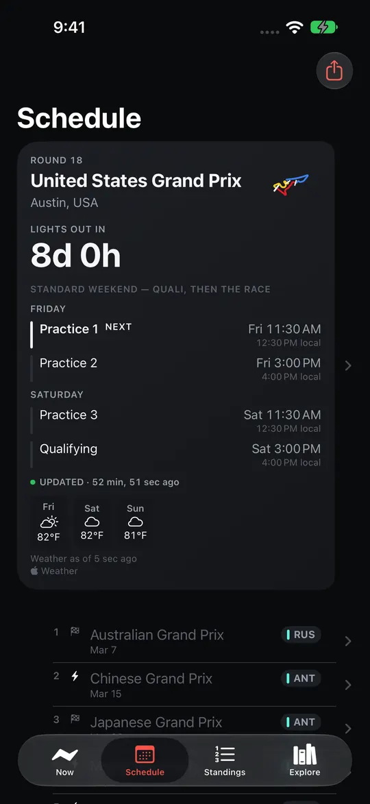 Backmarker on iPhone: the weekend schedule with a countdown to the race.